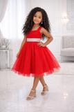 KT-PERA - RED -  Sleeveless Fit-and-Flare Tulle Party Dress- 2-12 - Elegant Sleeveless Flower Girl Dress with Layered Skirt